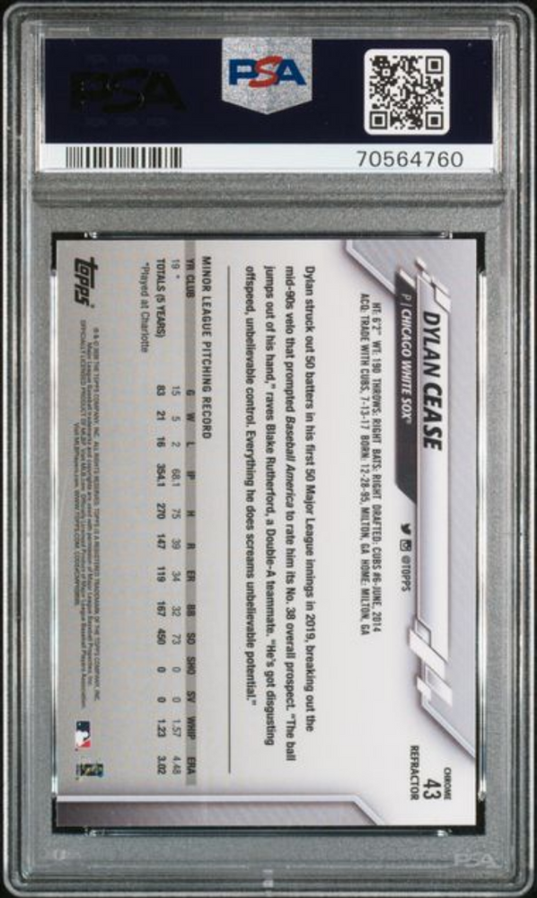 Graded 2020 Topps Chrome Dylan Cease #43 Pink Refractor Rookie RC Baseball Card PSA 10 Gem Mint (ONLINE ORDER ONLY)