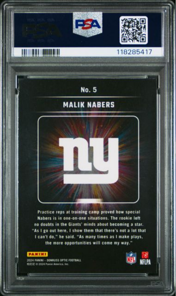 Graded 2024 Panini Donruss Optic Malik Nabers #5 Light It Up Rookie RC Football Card PSA 10 Gem Mint