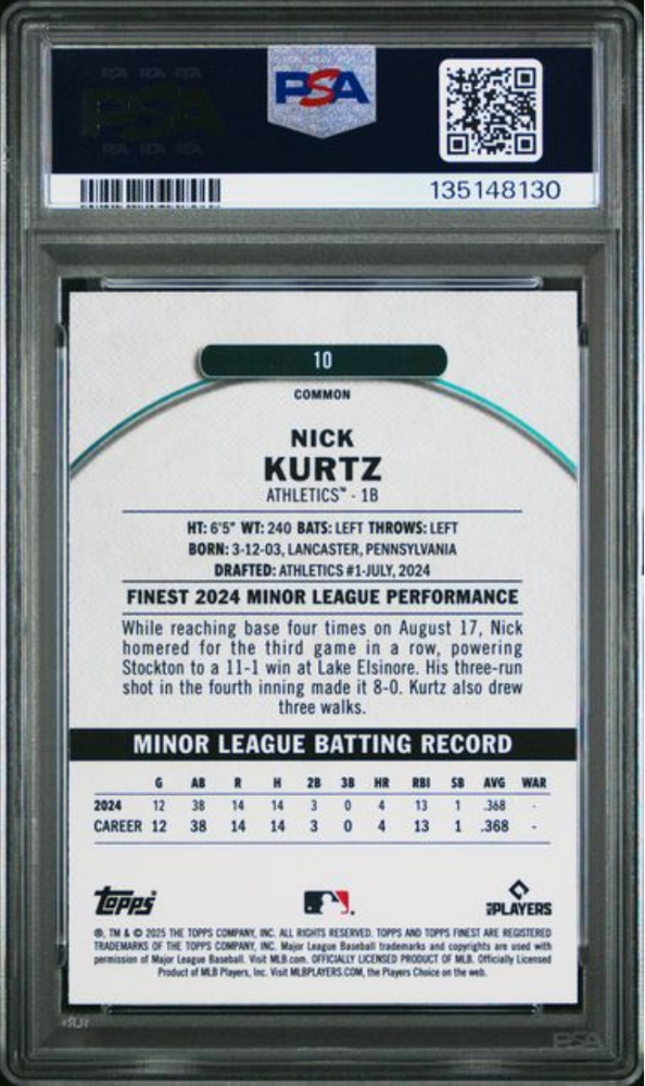 Graded 2025 Topps Finest Nick Kurtz #10 Rookie RC Baseball Card PSA 10 Gem Mint