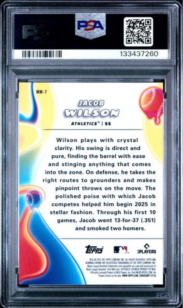 Graded 2025 Topps Bowman Chrome Jacob Wilson #MM7 Melt Mashers Rookie RC Baseball Card PSA 10 Gem Mint