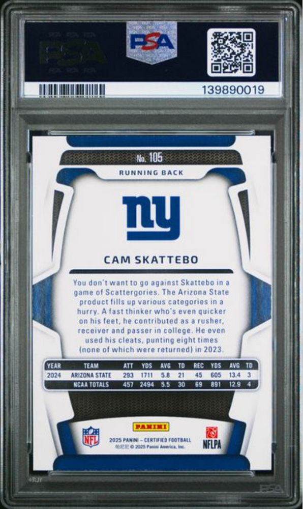 Graded 2025 Panini Certified Cam Skattebo #105 /499 Rookie RC Football Card PSA 10 Gem Mint