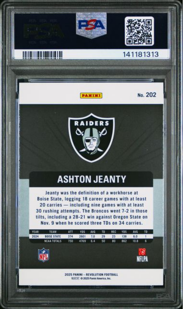 Graded 2025 Panini Revolution Ashton Jeanty #202 Rookie RC Football Card PSA 10 Gem Mint