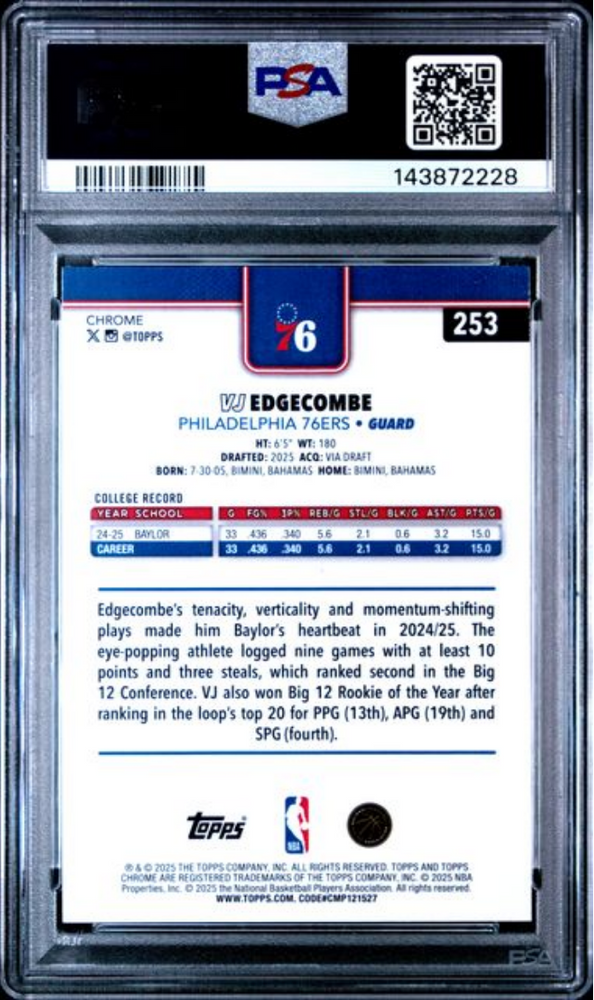 Graded 2025 Topps Chrome VJ Edgecombe #253 Rookie RC Basketball Card PSA 10 Gem Mint