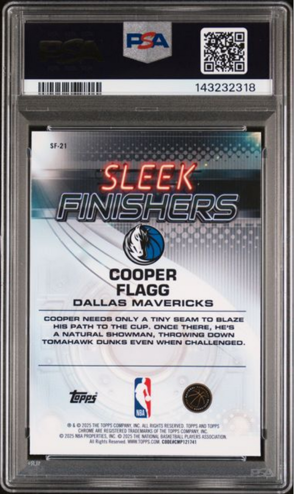 Graded 2025 Topps Chrome Cooper Flagg #SF21 Sleek Finishers Rookie RC Basketball Card PSA 10 Gem Mint