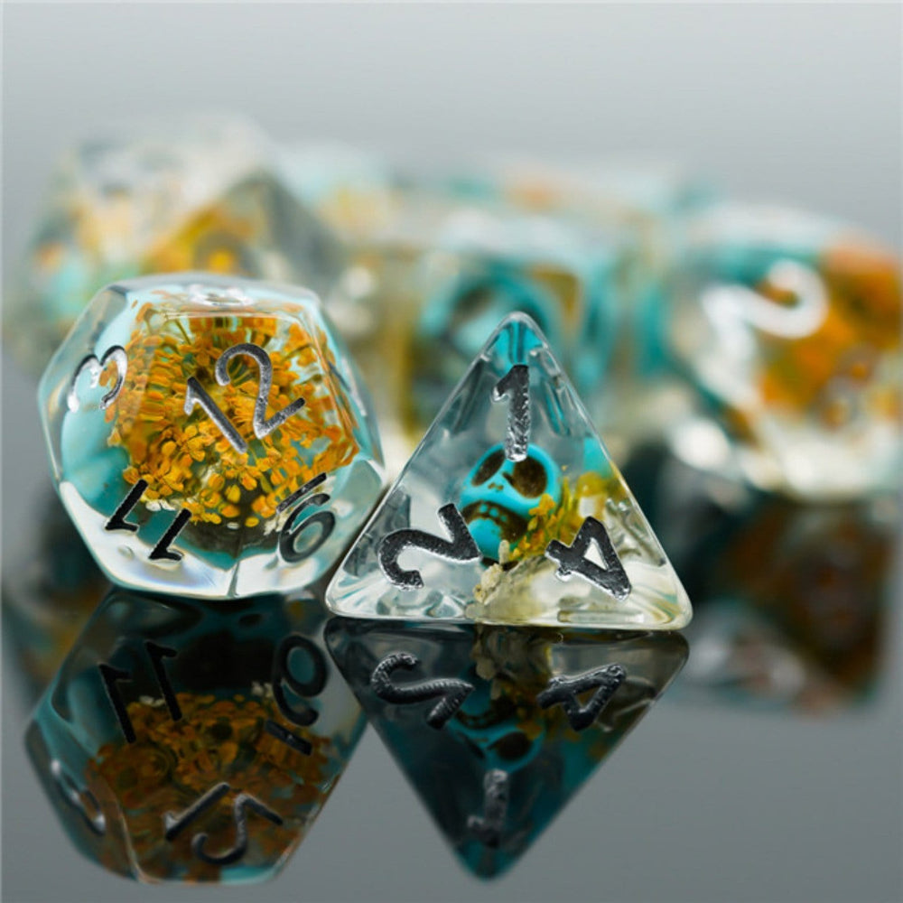Yellow Flower with Blue Skull RPG Dice Set (ONLINE ORDER ONLY)