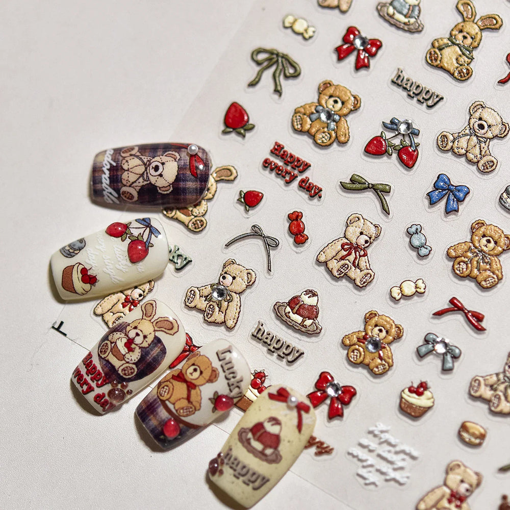 Charm Retro Bear Candy Cake Bowknot Rabbit Bunny Strawberry Footprint Muffin 3D Adhesive Nail Art Stickers Chic Manicure Decals (ONLINE ORDER ONLY)