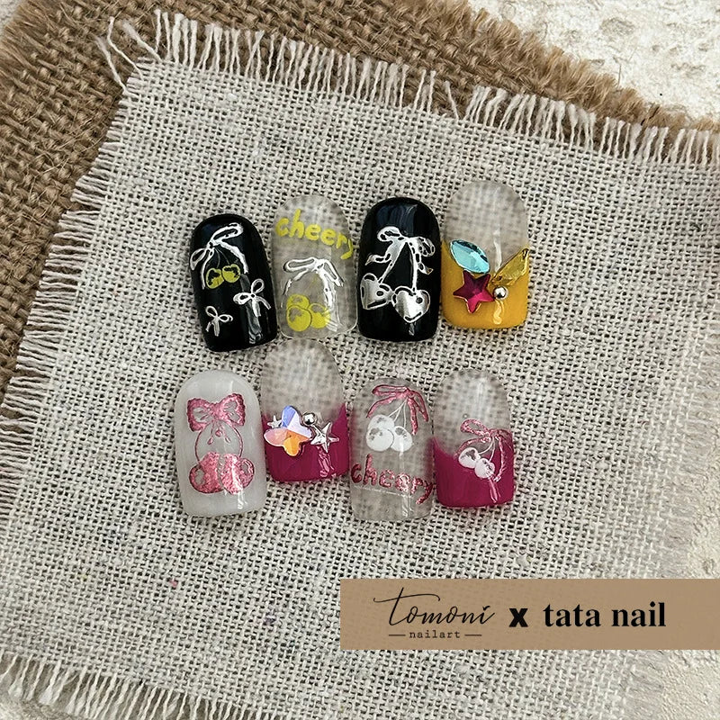 Colourful Cherry Abundant Fruits Bowknot Shiny White Line Outline Self Adhesive Nail Art Stickers Chic Rhinestone Manicure Decal (ONLINE ORDER ONLY)