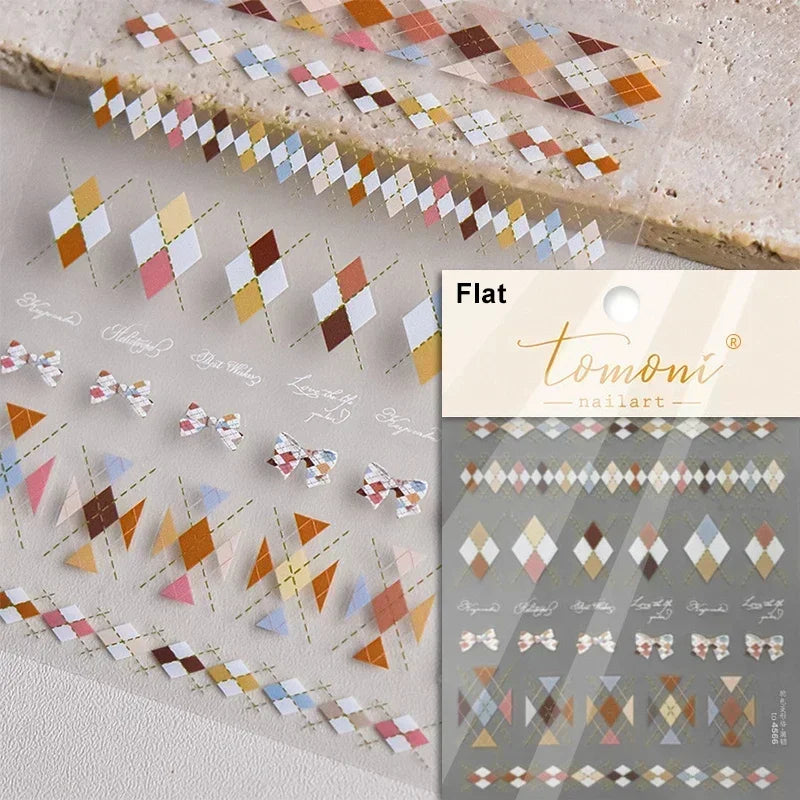 Geometric French Style Colorful Square Grid Rhombus Line Stripe Bowknot 3D Self Adhesive Nail Art Stickers Shiny Manicure Decals (ONLINE ORDER ONLY)