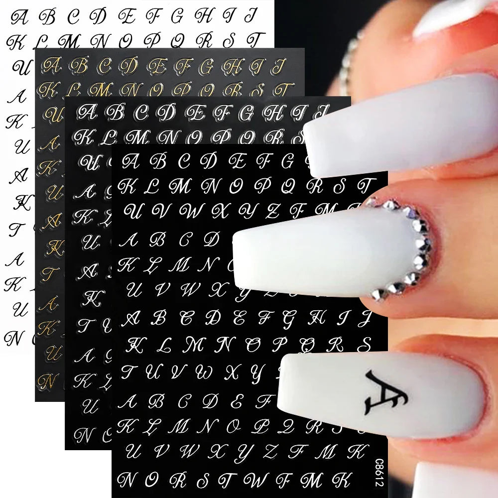 4pcs Roman Letter Design Nail Stickers Golden/Silvery/Black/White Alphabet Design Self Adhesive Decal English Words DIY Manicure (Online Order Only)