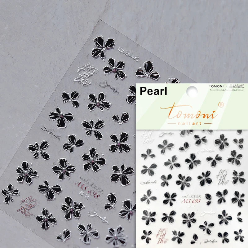 Dried Flowers Rose Butterfly Love Heart Golden Stroke Flying Crane Silver Adhesive Nail Art Stickers Rhinestone Manicure Decals (ONLINE ORDER ONLY)
