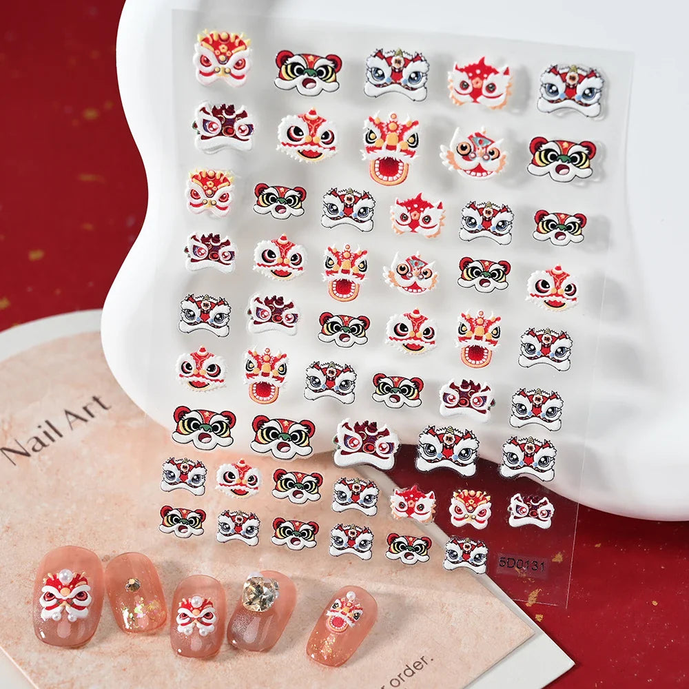 1pcs Cute Good Luck Lion Head Nail Art Sticker Chinese New Year 2025 Nail Decal 5D Reliefs Self Adhesive Design Decoras Decals * (ONLINE ORDER ONLY)