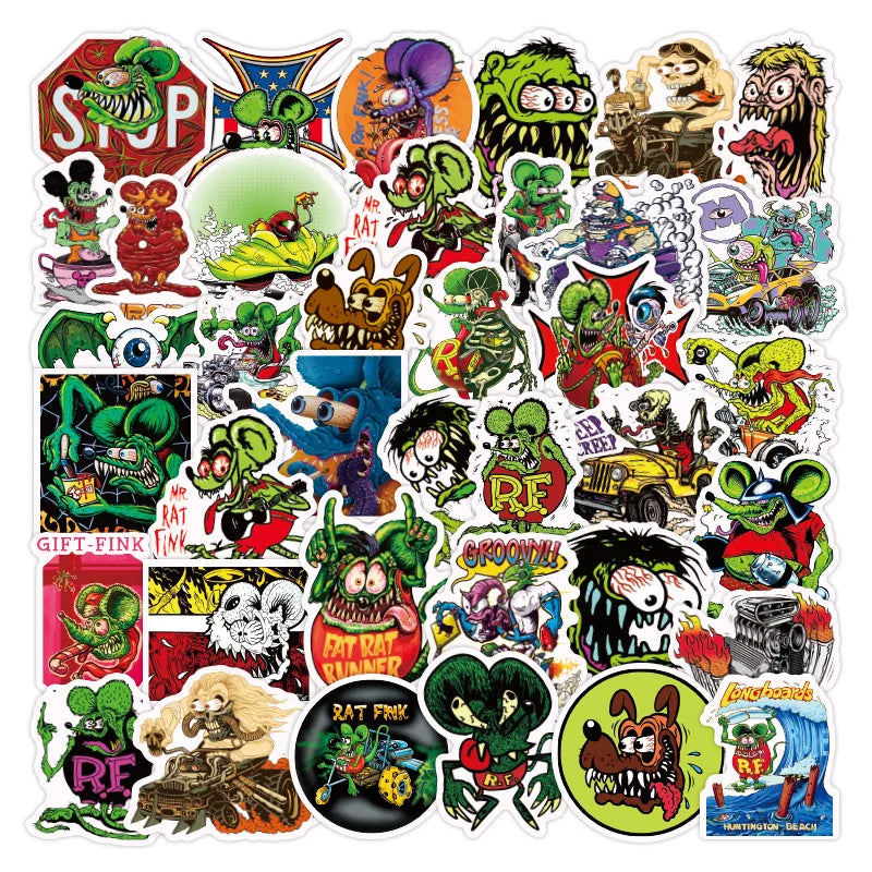 50pcs Rat Fink Cartoon Stickers for Laptop, Phone, Scooter, Suitcase, Water Bottle, Stationery, Refrigerator (Online Order Only)