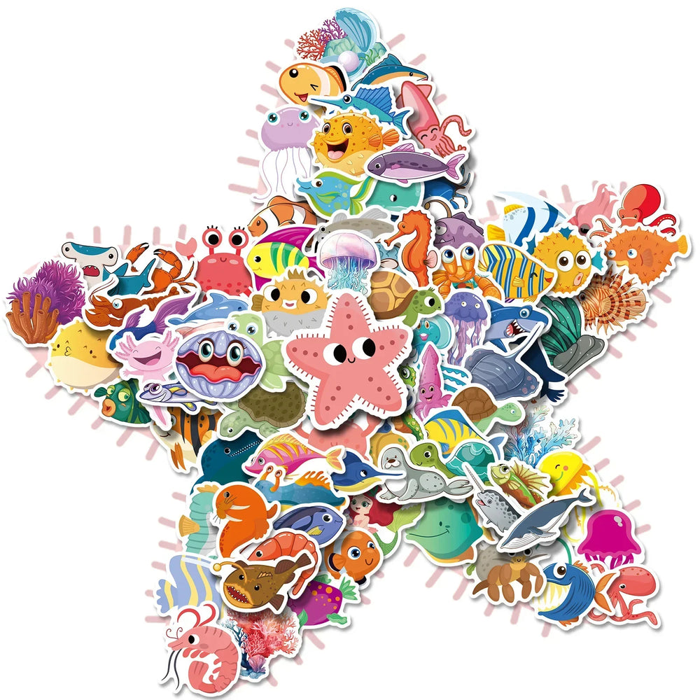 Marine Animal Stickers Pack - Cute Cartoon Decals for Luggage, Laptop, Phone, Car, Bike, Skateboard (Online Order Only)