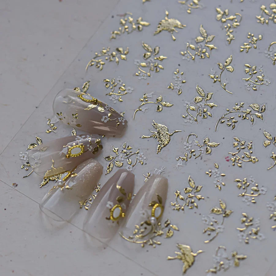 Dried Flowers Rose Butterfly Love Heart Golden Stroke Flying Crane Silver Adhesive Nail Art Stickers Rhinestone Manicure Decals (ONLINE ORDER ONLY)