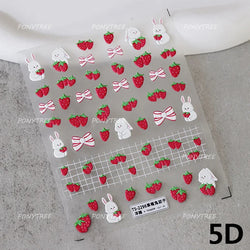 Cute Pink Tempting Strawberries Attractive Fruit Cutting Line Bowknot Star Silver Stamping Chic Nail Art Stickers Manicure Decal (ONLINE ORDER ONLY)