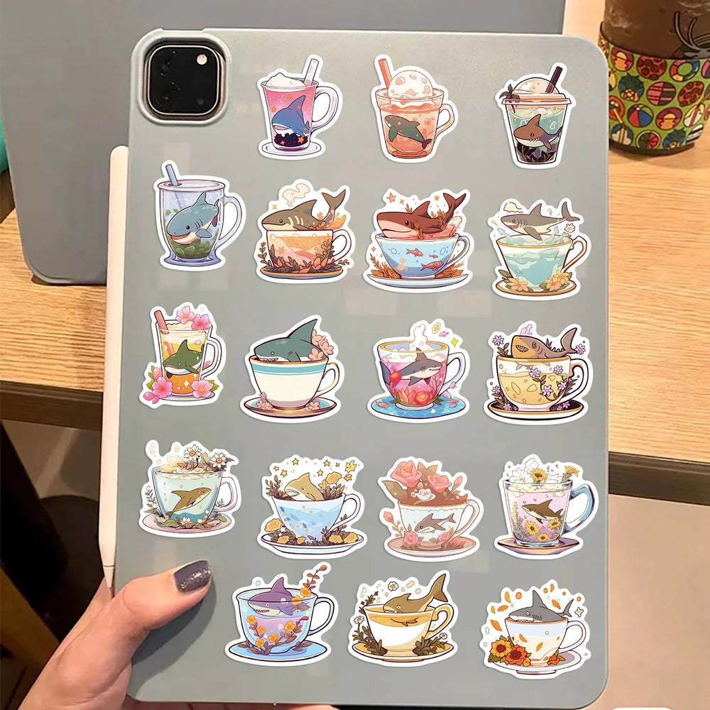 50pcs Shark And Cup Stickers Cartoon Waterproof Pvc Decals for Skateboard Helmet Laptop Bicycle Motorcycle Stickers Kids Toy (ONLINE ORDER ONLY)