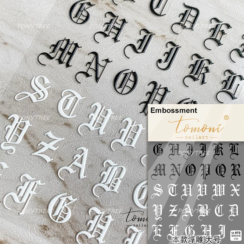 Romantic White Black Capital English Letters Chic Gold Punk Colorful Stamp Word 3D Self Adhesive Nail Art Sticker Manicure Decal (ONLINE ORDER ONLY)
