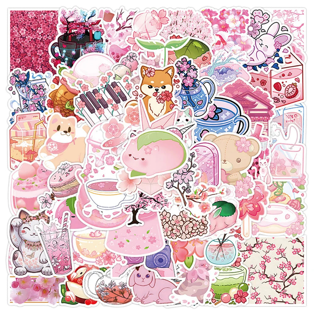 Cute Pink Sakura Cartoon Stickers Waterproof for Laptop Phone Skateboard Fridge Guitar Car Kids 10/30/50/100PCS (Online Order Only)