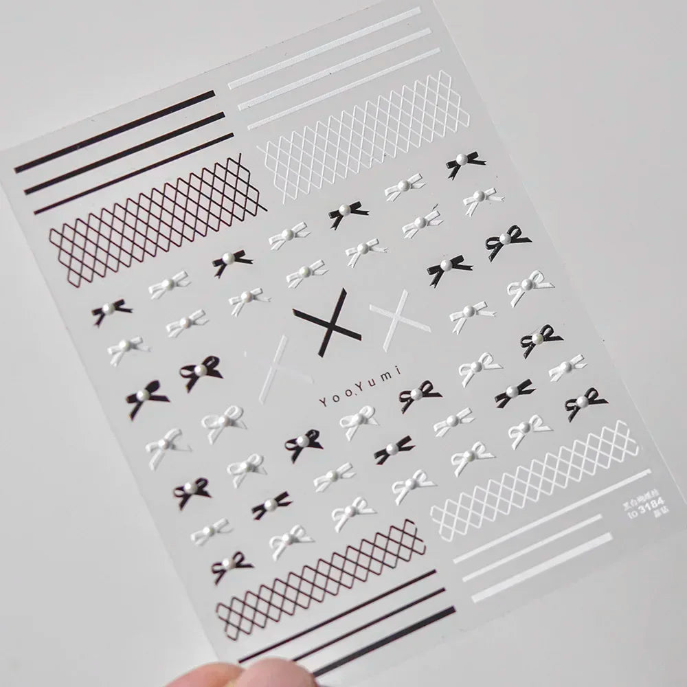 Geometric French Style Colorful Square Grid Rhombus Line Stripe Bowknot 3D Self Adhesive Nail Art Stickers Shiny Manicure Decals (ONLINE ORDER ONLY)