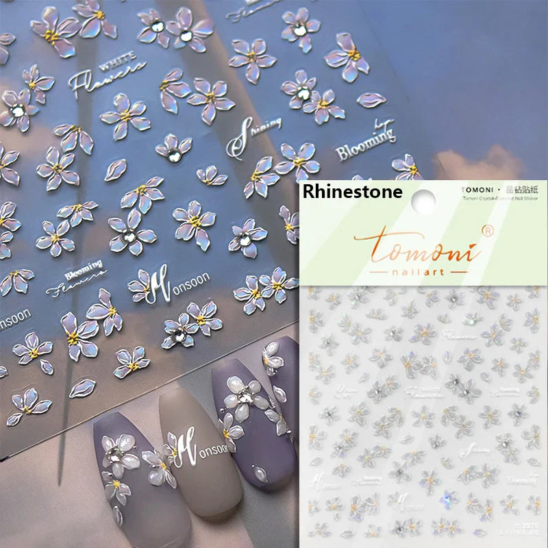 Dried Flowers Rose Butterfly Love Heart Golden Stroke Flying Crane Silver Adhesive Nail Art Stickers Rhinestone Manicure Decals (ONLINE ORDER ONLY)