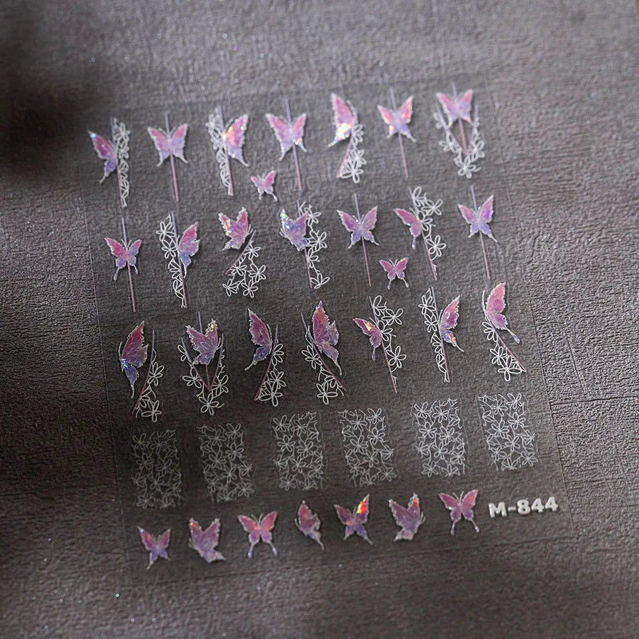 Butterfly Flower Hollow Out Lace Delicate Floral Print Shiny Cloth Block Insect Self Adhesive Nail Art Stickers Manicure Decals (Online Order Only)