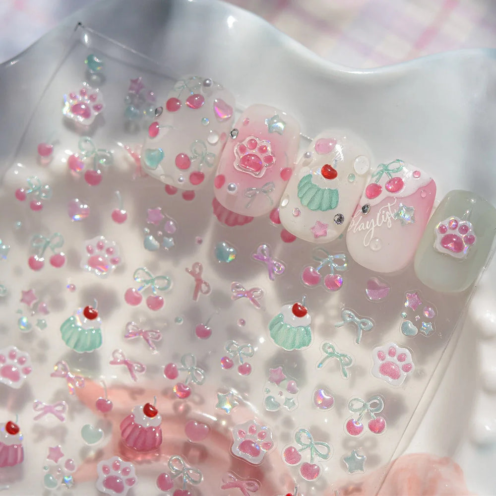 Colored Shiny Jelly Claw Paw Pudding Dessert Cherry Bowknot Cake Bow Tie Drink Food Love Heart Nail Art Sticker Manicure Decal (ONLINE ORDER ONLY)