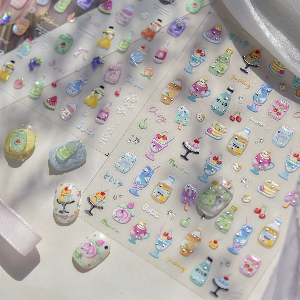 Soda Fruit Beverage Bottle Bear Watermelon Popsicle Dessert Ice Cream Cat Cherry Strawberry Bow Summer Nail Art Stickers Decals (ONLINE ORDER ONLY)