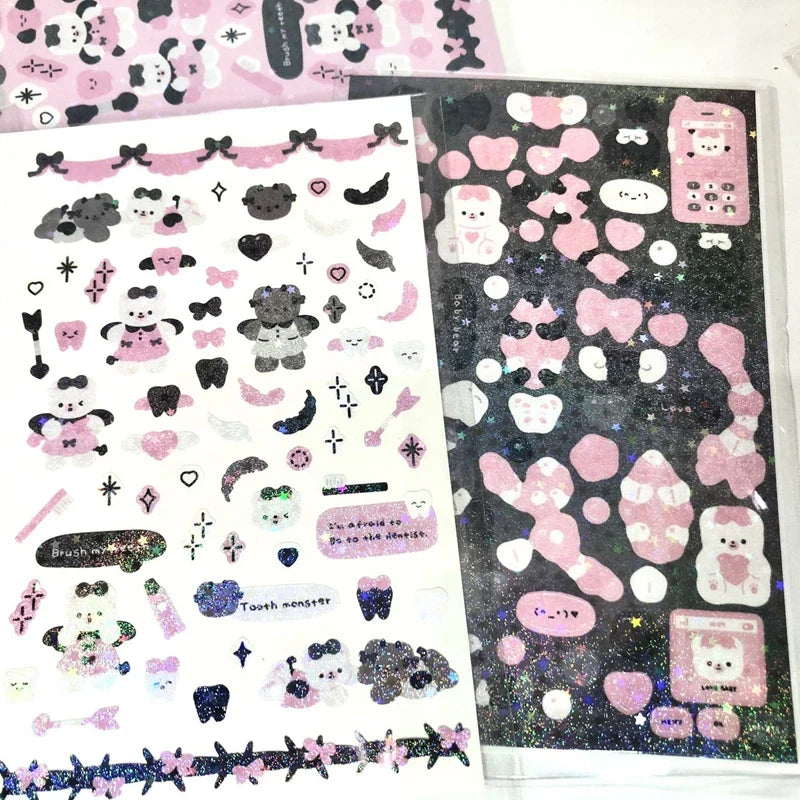 Korean Cute Devil Bear Dialog Laser Sticker Scrapbooking DIY Album Decoration Sticker Aesthetic Kawaii Stationery Halloween Gift (ONLINE ORDER ONLY)