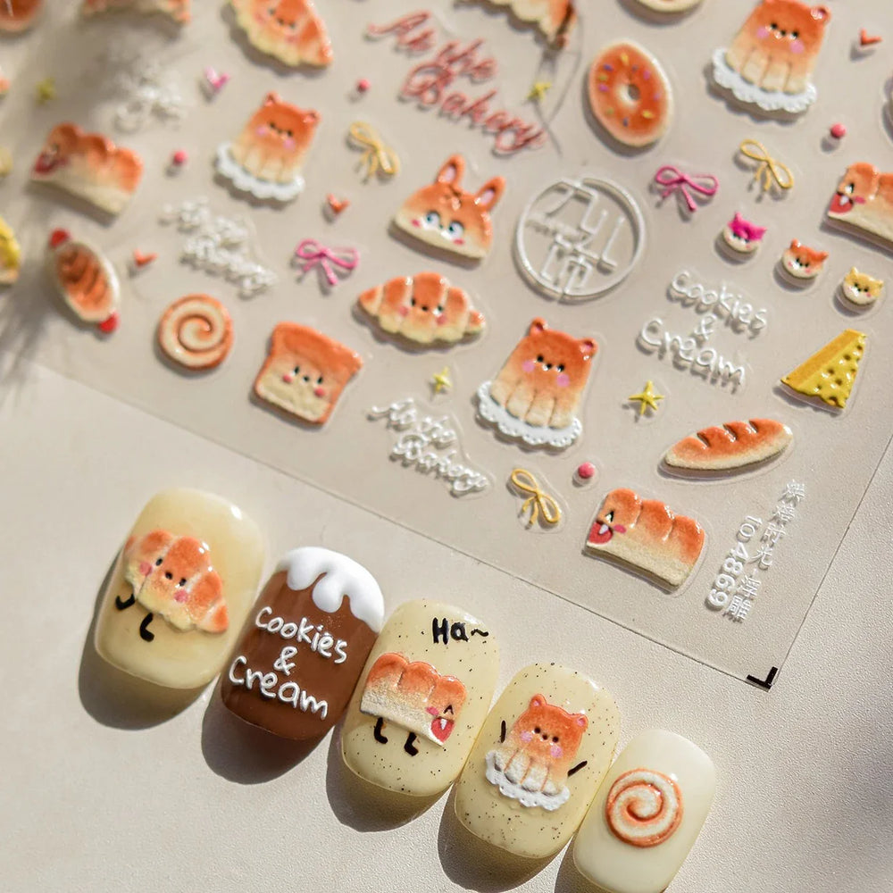 Sweet Cookies Biscuit Snack Delicious Doughnut Savoury Food Bicky Croissant Cheese Pudding Baguette Chic Nail Art Stickers Decal (ONLINE ORDER ONLY)