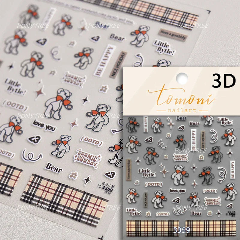 Cute Bear Teddy Birthday Party Maillard Bear Cake Flower Bouquet Lucky Love Heart 5D Adhesive Nail Art Sticker Manicure Decals (Online Order Only)
