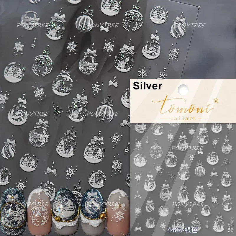 Crystal Ball Santa Claus Snowman Bowknot Red Christmas Tree Bell Socks Self Adhesive Nail Art Stickers Snowflake Manicure Decals (ONLINE ORDER ONLY)