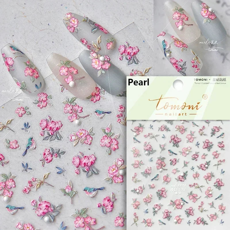 Hummingbird Iris Butterfly Peony Rose Tulip Daisy Lily Flowers Morning Glory Pearl Rhinestones Nail Art Sticker Decoration Decal (ONLINE ORDER ONLY)