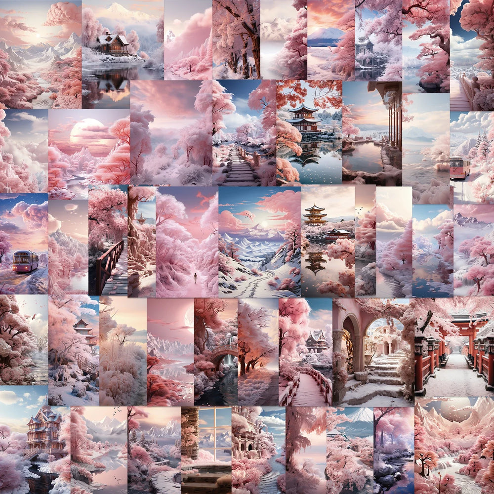 50PCS INS Landscape Pink Painting Stickers Vsco Vinyl Aesthetic Stickers for Water Bottles Waterproof Sticker for Kids Girl (Online Order Only)