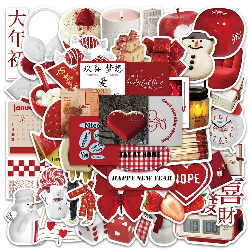 10/30/50PCS 2023 New Year Red Stickers Ins Style Cartoon Decals Toys For Kids DIY Skateboard Luggage Phone Suitcase Wall Sticker (Online Order Only)