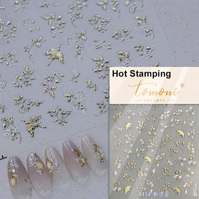 Dried Flowers Rose Butterfly Love Heart Golden Stroke Flying Crane Silver Adhesive Nail Art Stickers Rhinestone Manicure Decals (ONLINE ORDER ONLY)
