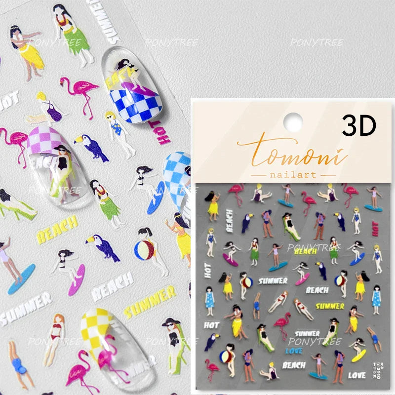 Summer Beach Bikini Watermelon Strawberry Ice Cream Soda Coconut Tree Fan Juice Crab Nail Art Decoration Stickers Manicure Decal (ONLINE ORDER ONLY)
