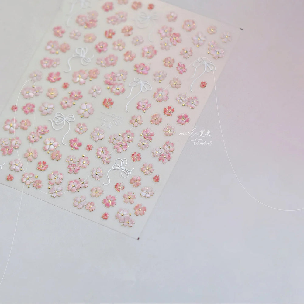 Peach Blossom Gradual Pink Petal Flower Line Bowknot Hot Stamping Halo Dyeing Delicate Adhesive Nail Art Sticker Manicure Decals (ONLINE ORDER ONLY)