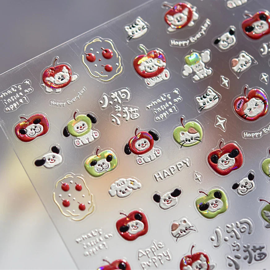 Cute Apple Fruit Dog Puppy Cat Kitten Adhesive Nail Art Sticker Charming Delicate Rhinestone Shiny Manicure Decals Nail Supplies (ONLINE ORDER ONLY)