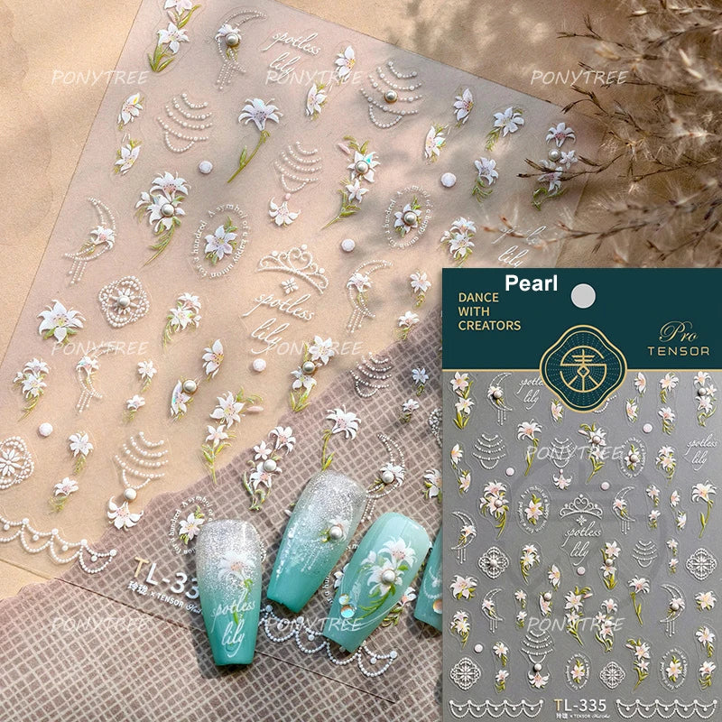 Spotless Lily Lilium Flowers Moon Pearl Crown Lily-white Pearl Necklace Pendant Self Adhesive Nail Art Stickers Manicure Decals (Online Order Only)