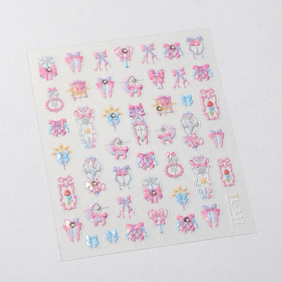 Pink Bowknot Star Moon Starburst Sun Polar Day Polar Night Sword Rose Flower Wreath Adhesive Nail Art Stickers Manicure Decals (ONLINE ORDER ONLY)