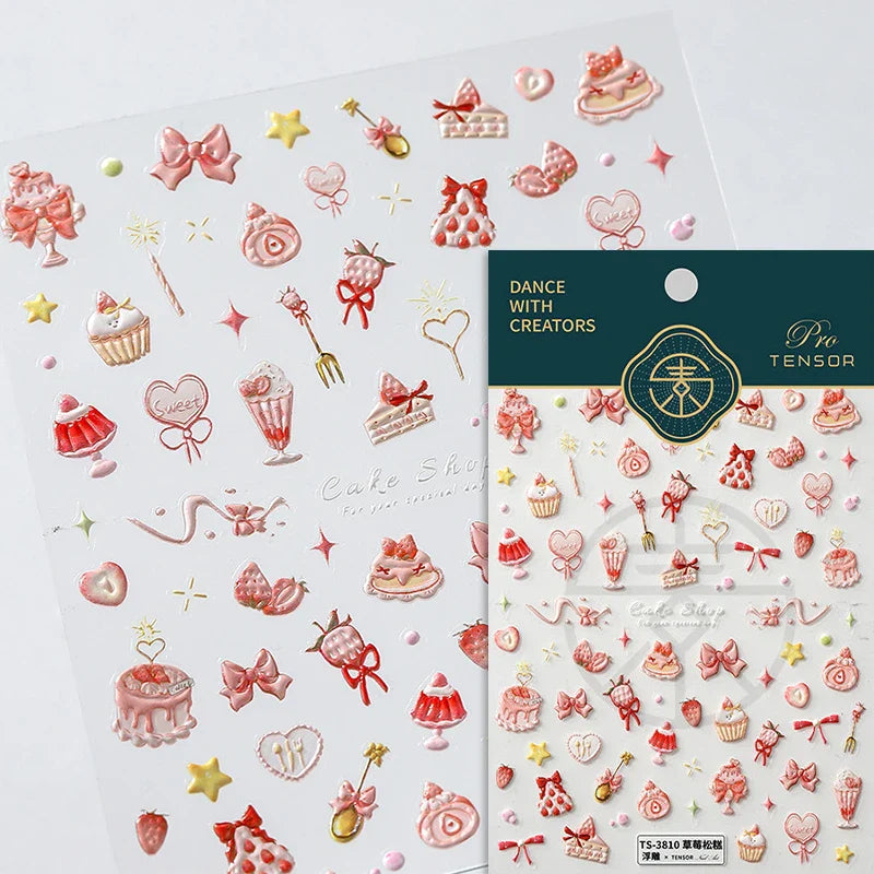 Colorful Food Pudding Alkali Water Bowknot Cream Fork Cup Bread Jelly Fruit Cartoon Cake Relief Nail Art Sticker Manicure Decals (ONLINE ORDER ONLY)