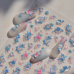 Delicate Shiny Pink Flower Blue Hairpin with Flower Decoration Self Adhesive Nail Art Stickers Pearl Rhinestone Manicure Decals (Online Order Only)