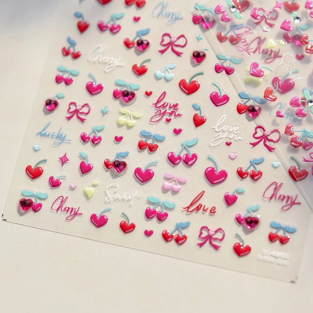 Lovely Pink Red Cherry Fruit Love Heart Star Lucky Letter Bowknot Romantic Adhesive Nail Art Stickers Rhinestone Manicure Decals (Online Order Only)
