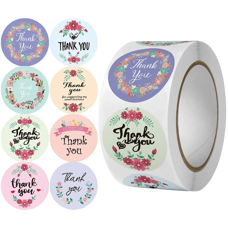 100-500PCS seals stickers Thank You Stickers for Business New Small Merci Roll Sticker Packaging Sticker Flower Rolling Label (ONLINE ORDER ONLY)
