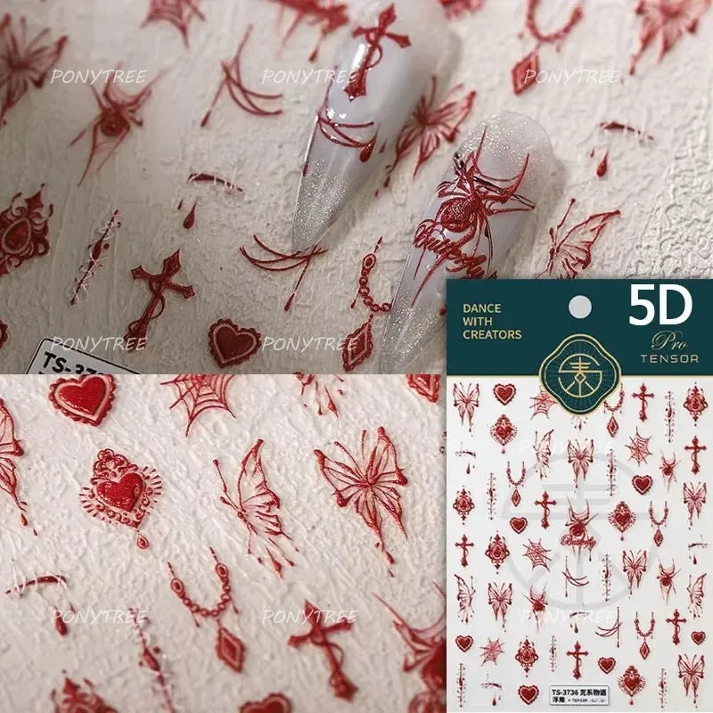 Retro Red Butterfly Snake Rose Flower Evil Eyes Gothic Architecture Cross Dark Self Adhesive Nail Art Stickers Manicure Decals (ONLINE ORDER ONLY)