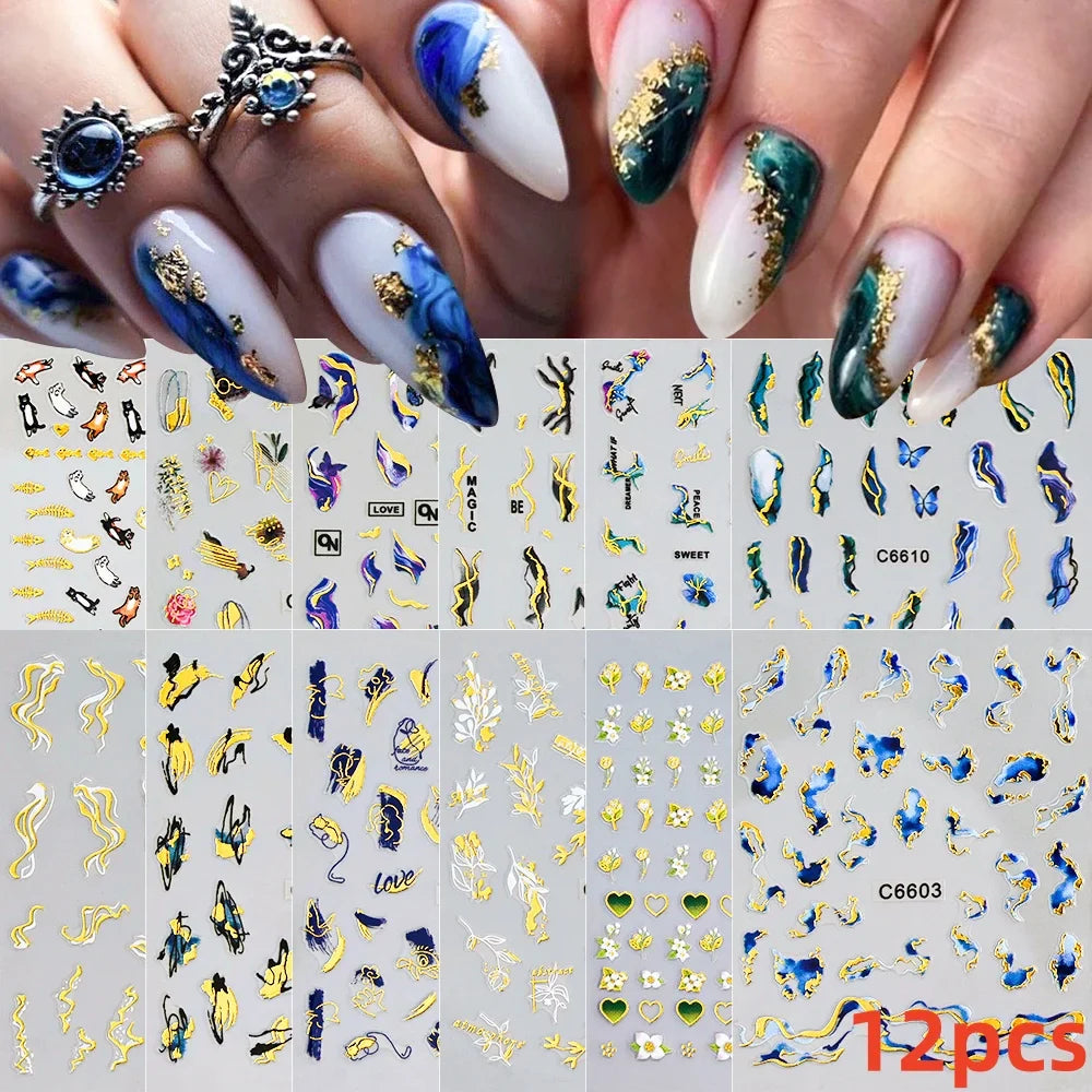 12pcs 3D Golden Glitter Heart Love Nail Stickers Valentine Self Adhesive Cute Cartoon Decal Geometry Slider Manicure Decoration* (ONLINE ORDER ONLY)