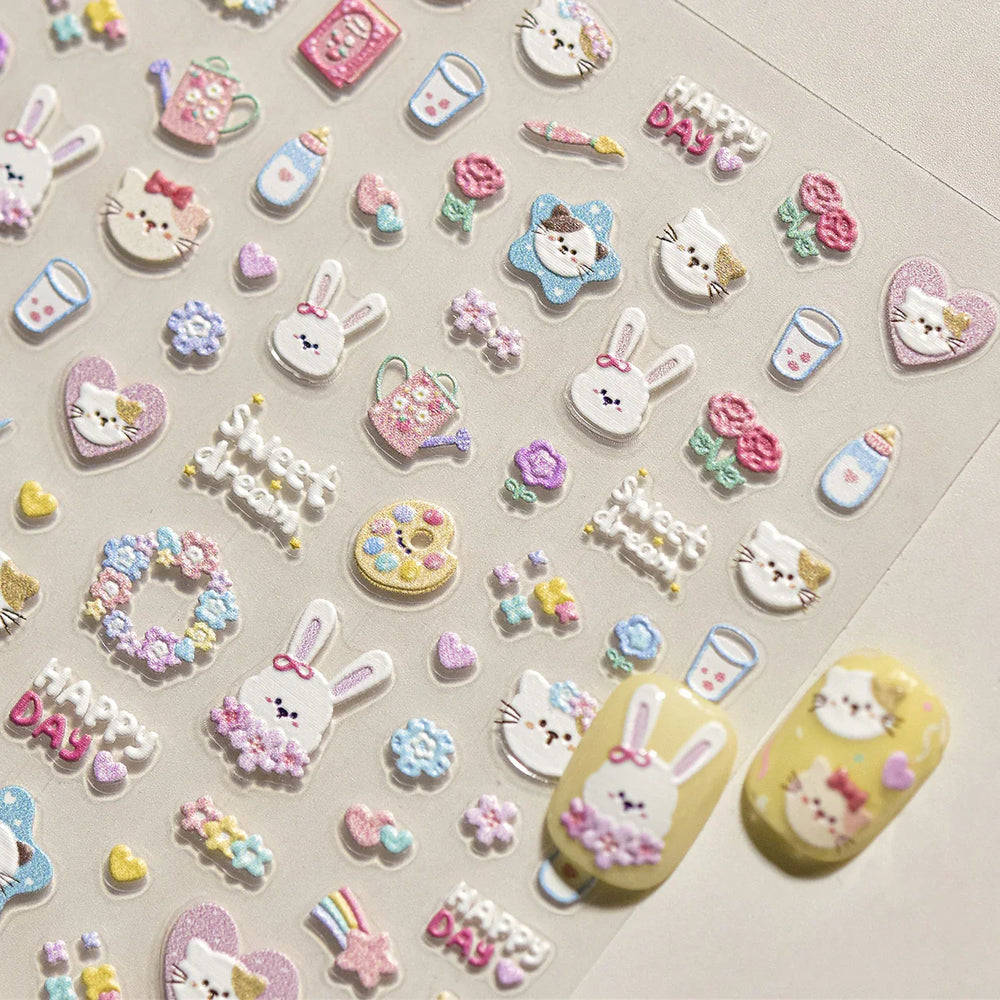Cream Wind Cat Rabbit Kitten Bunny Bowknot Flower Butterfly Cake Cherry Tulip 5D Self Adhesive Nail Art Stickers Manicure Decals (Online Order Only)
