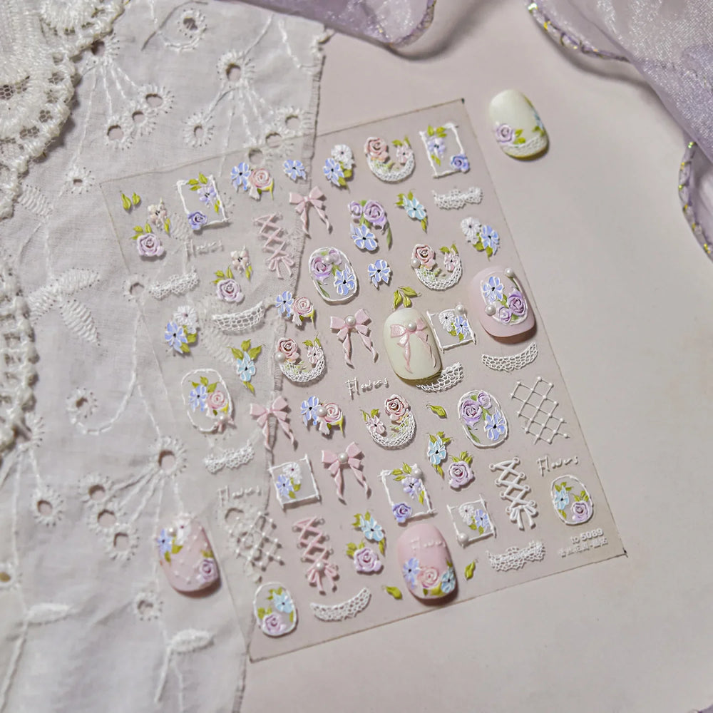 Rose Flower Bouquet Leaves Lace Bowknot Pearl Photo Frame Gird Embossed Reliefs Self Adhesive Nail Art Stickers Manicure Decals (ONLINE ORDER ONLY)