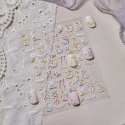 Rose Flower Bouquet Leaves Lace Bowknot Pearl Photo Frame Gird Embossed Reliefs Self Adhesive Nail Art Stickers Manicure Decals (ONLINE ORDER ONLY)