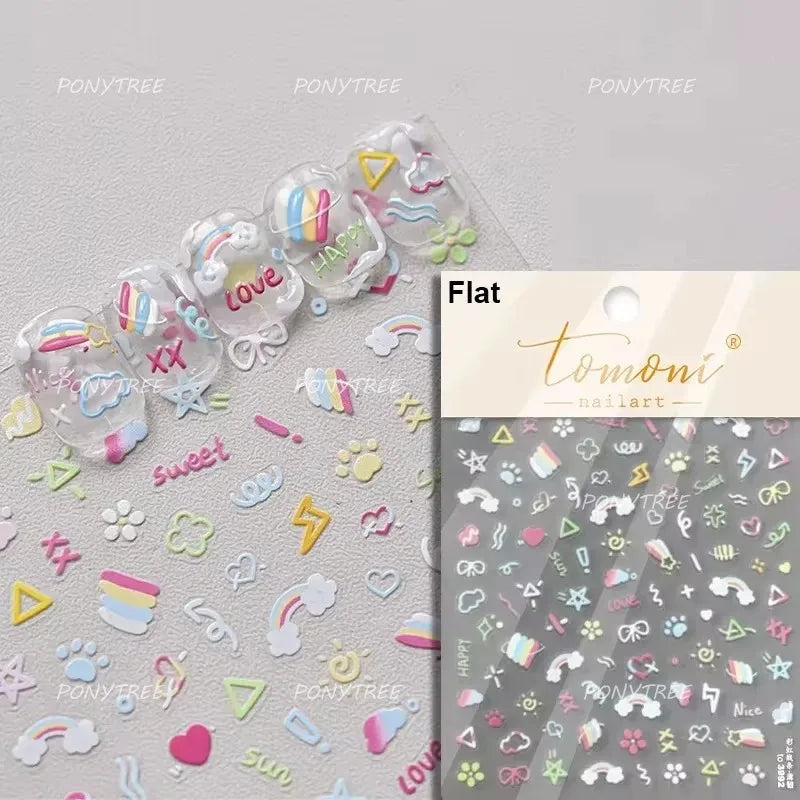Cute Graffiti Cartoon Line Cherry Bear Cat Flower Bouquet Fish Boys Girls Strawberry Reliefs Nail Art Stickers Manicure Decals (ONLINE ORDER ONLY)